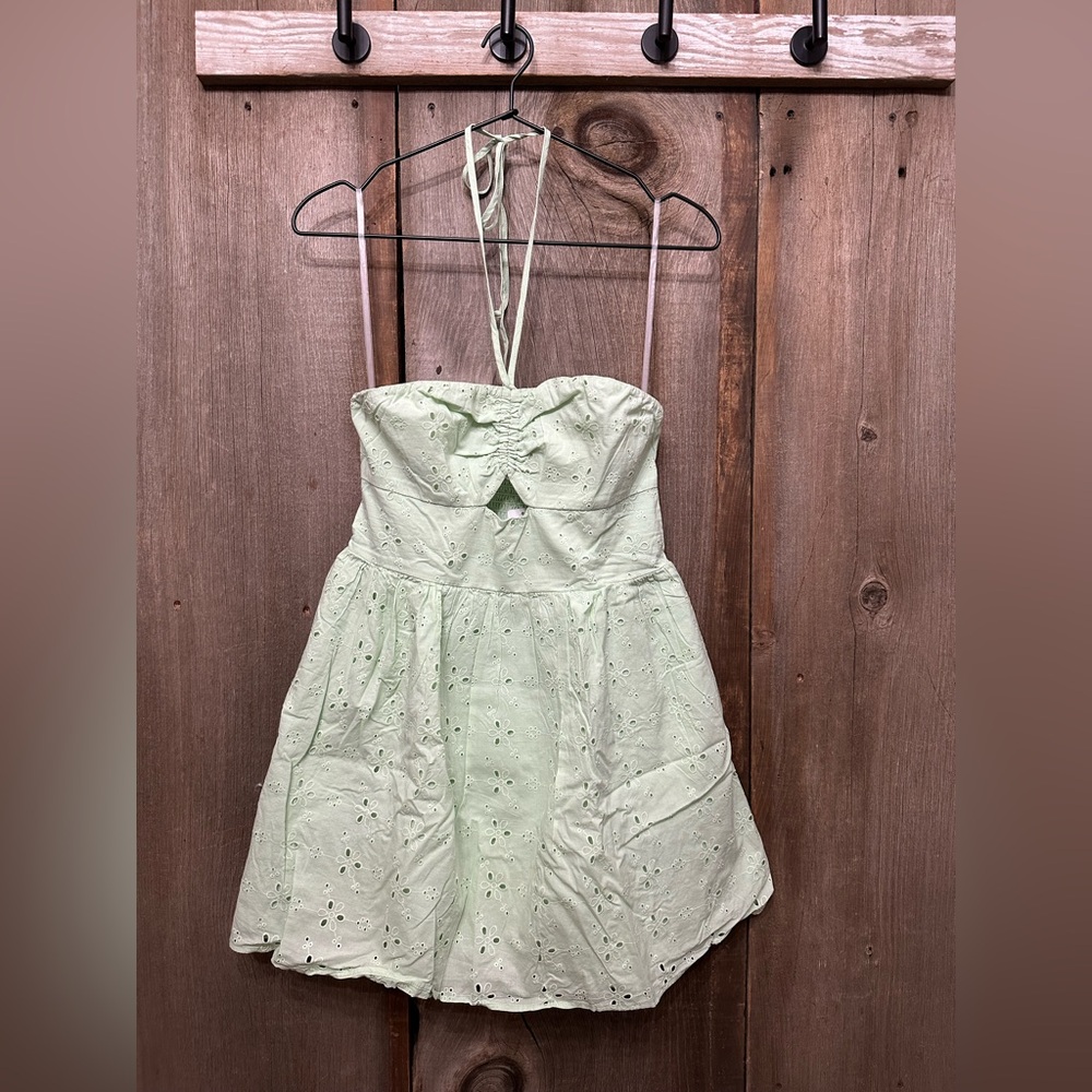 American Eagle Cinch Floral Eyelet Halter Mini Dress with Pockets Green Small